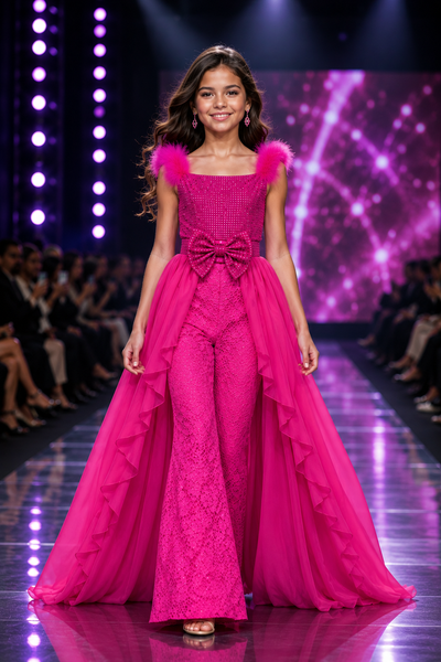 Girls Pageant Jumpsuit Lace Flare Pants Overskirt Train