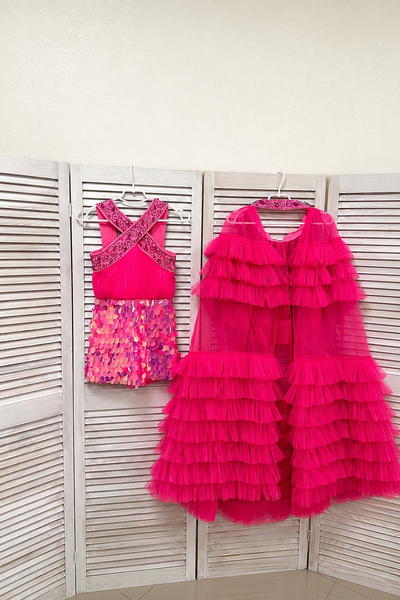 Signature Designer Sequin Romper with Tulle Overskirt