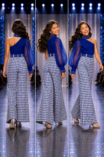 Girls Pageant Fun Fashion Pant Set | One Sleeve Tweed Jumpsuit