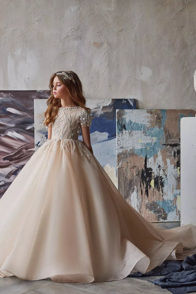 Pentelei Couture Crystal Embellished Chiffon Flower Girl Party Pageant Dress