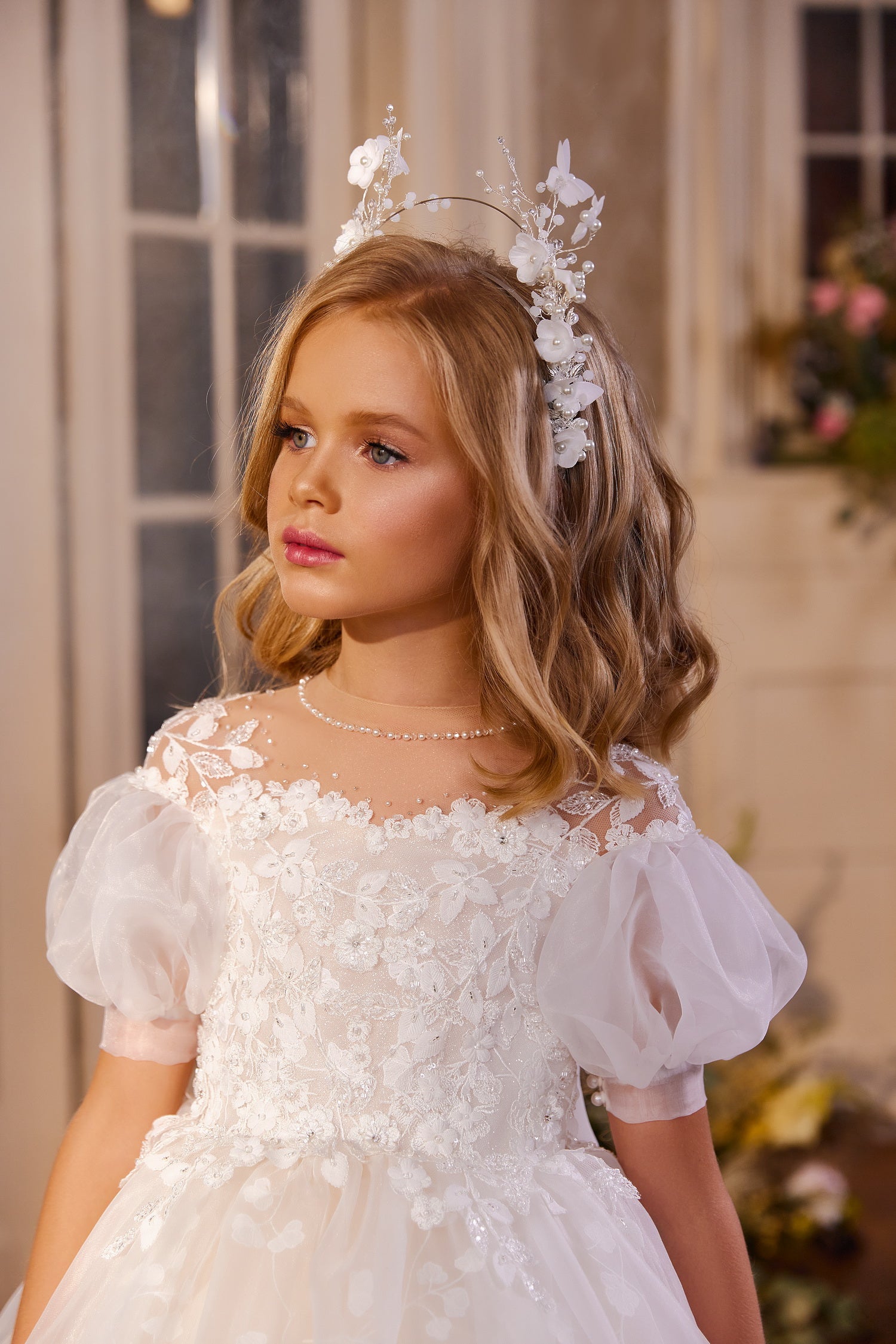 Pentelei Couture Ivory Cappuccino Luxurious Lace Communion Girls Dress