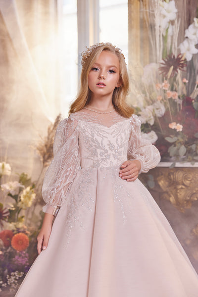 open lace back dress Pearl Decorated Puffy Pink Princess Dress for Girl's First Communion 1 / 6T