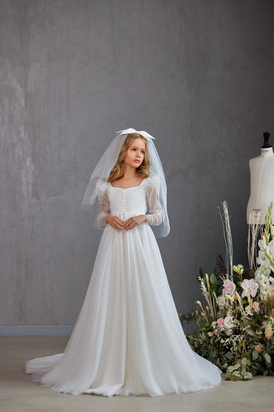 Girls Communion Special Occasion White Gown With Long Sheer Sleeves