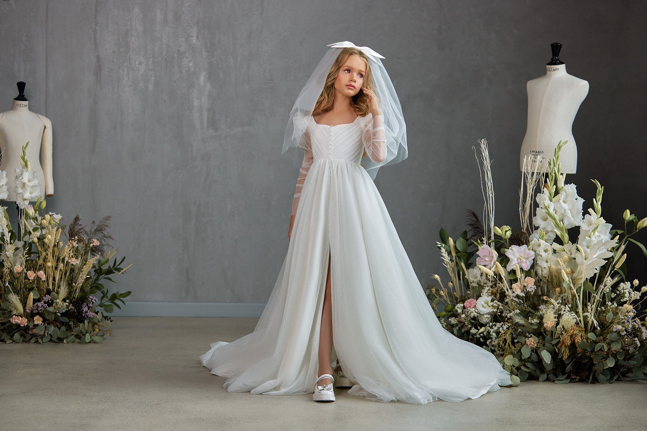 Girls Communion Special Occasion White Gown With Long Sheer Sleeves