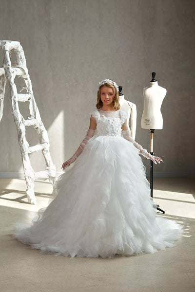 Pentelei Couture White Floral Tulle Ball Gown for Girls