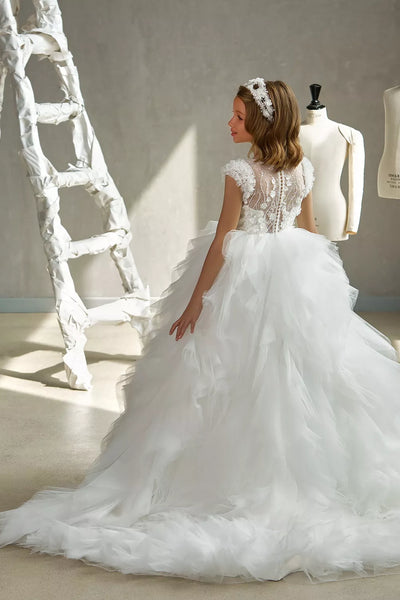 Pentelei Couture White Floral Tulle Ball Gown for Girls